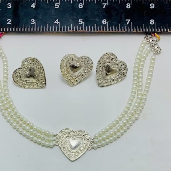 Pearls Jewelry Set, Pearls Beaded Chain Necklace With Metal Motifs And Earrings - Picture 7 of 10